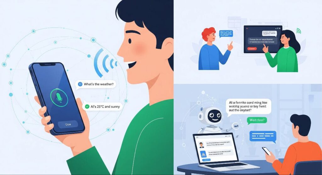 Person using a voice assistant or chatbot for instant communication through AI technology.