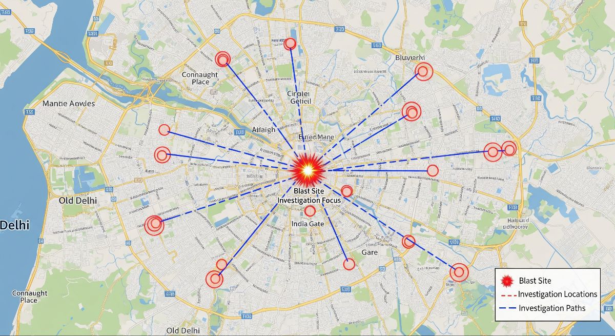 Delhi map highlighting locations examined during the blast investigation.